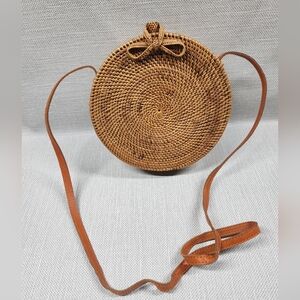 Cleobella Woven Straw Rattan Crossbody Shoulder Bag Round Boho Hippie Brown